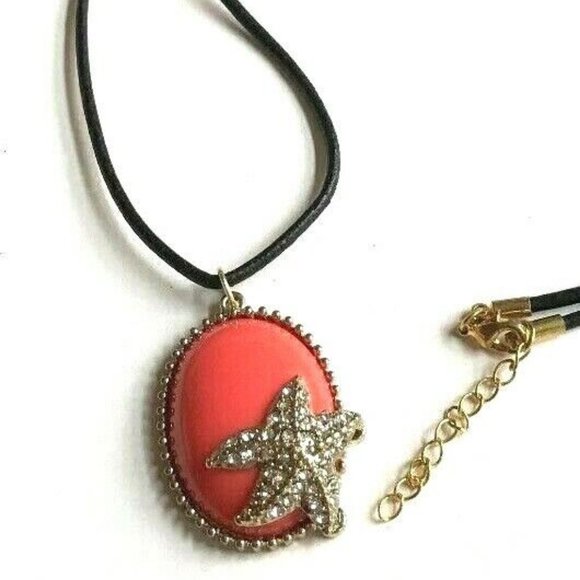 Coral Starfish Necklace Gold Plated Pendant Cabachon Peach 24" Leather Chain - Picture 2 of 11